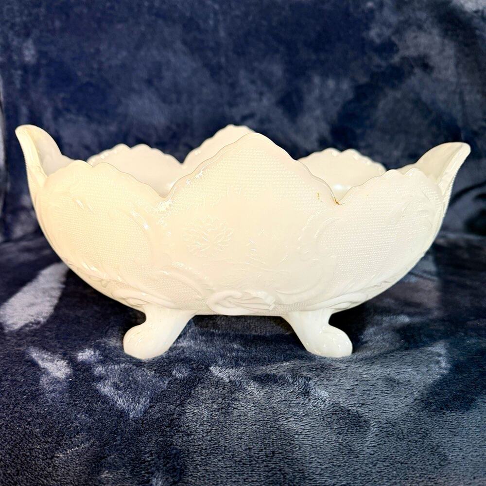 Vntg White Milk Glass Oval Footed Bowl Embossed Grape & Leaf Pattern 10”